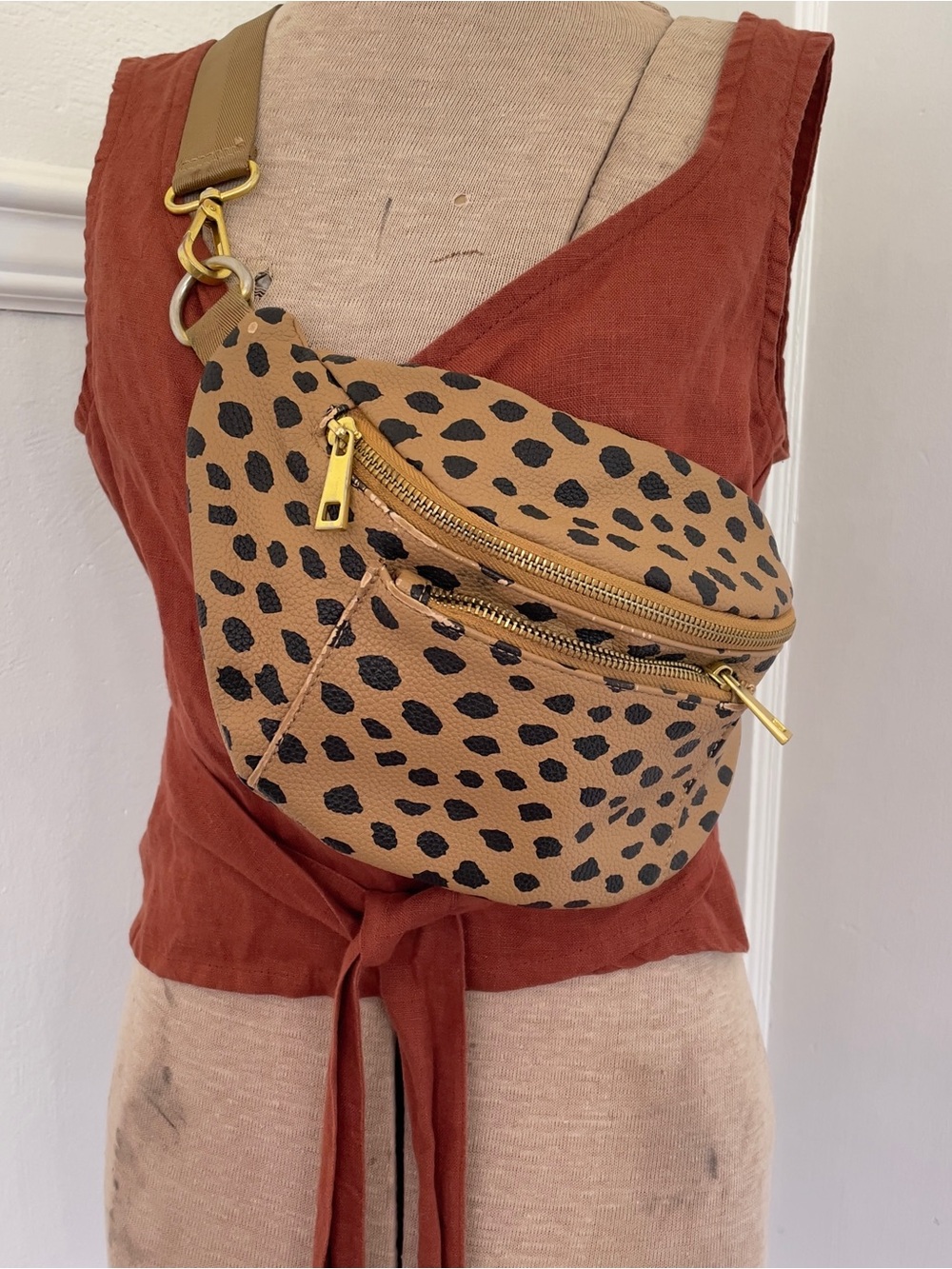 Fawn Design Leopard-Print Crossbody Belt Bag in Tan and Black